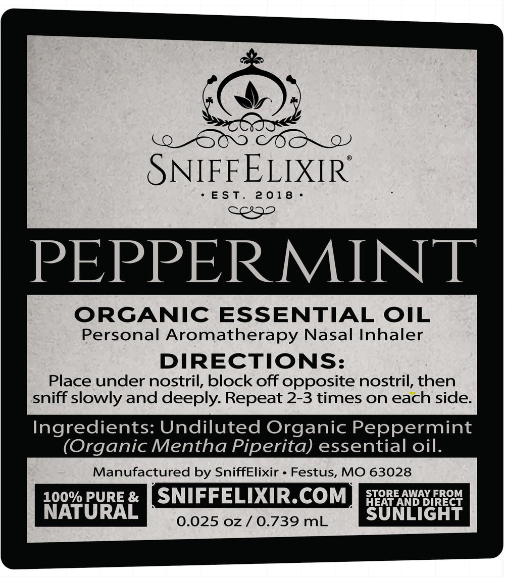 Handcrafted SniffElixir label highlighting natural ingredients