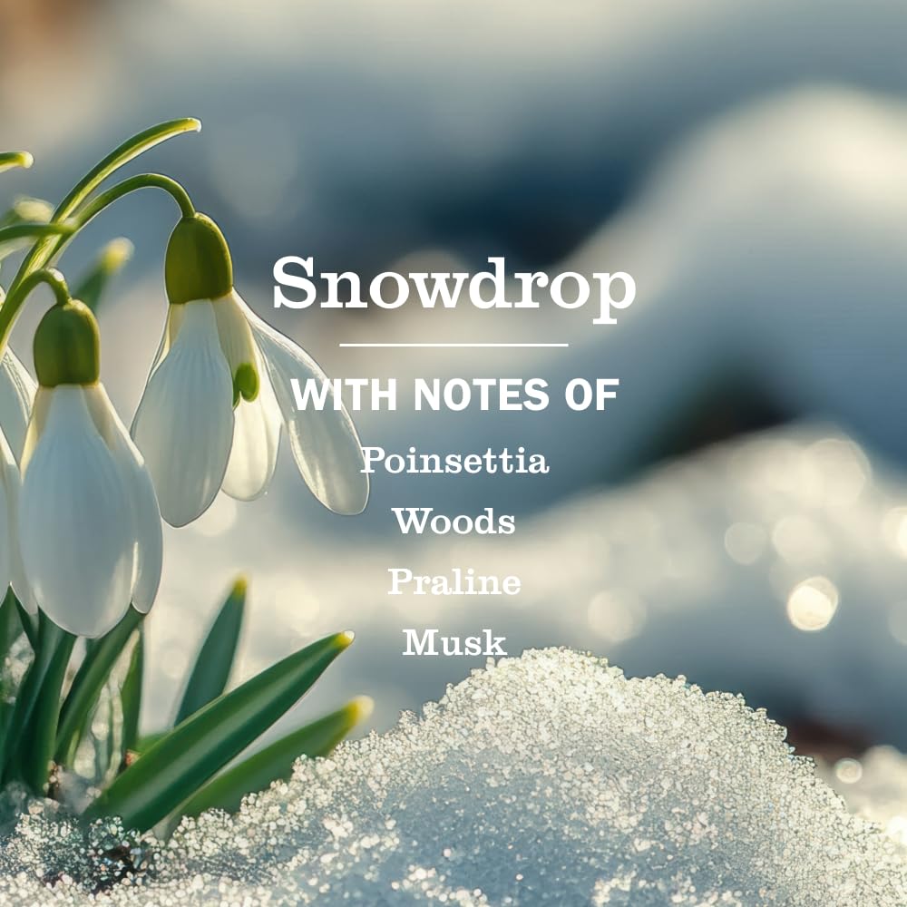 Snowdrop label close-up highlighting fragrance notes and seasonal design.