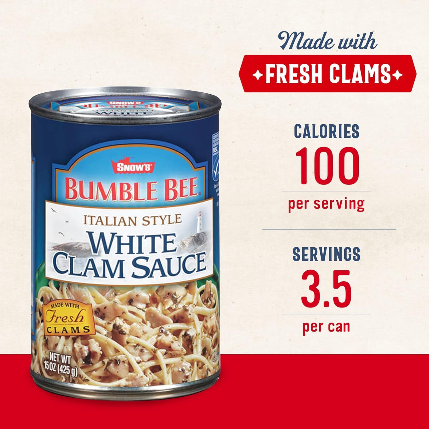Snow's White Clam Sauce can with visible clams and olive oil