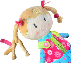 Doll hair bow tying practice with Sugar Snap for fine motor skills.