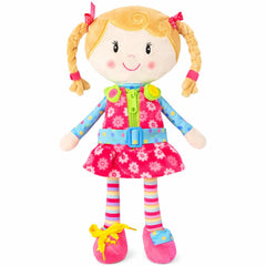 Snuggle Stuffs Sugar Snap doll practicing zipper action for dressing skills.