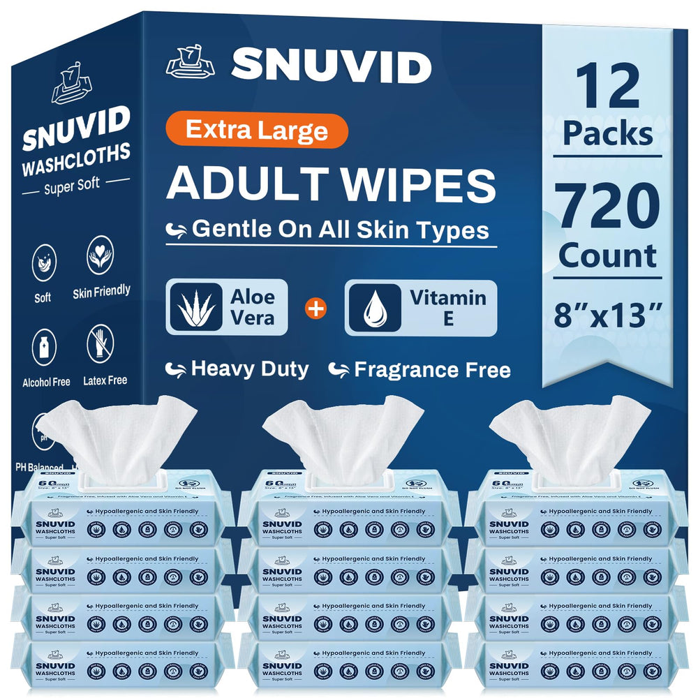 Snuvid adult wipes pack front shows bulk packaging for long-term care.