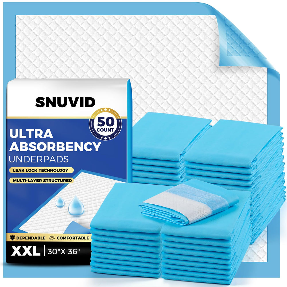 Snuvid XXL underpads front view showing large 30x36 size for overnight protection.
