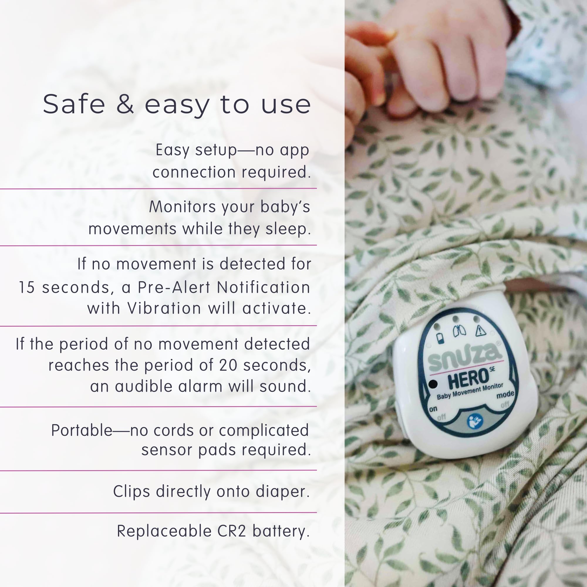 Snuza Hero audible alarm option adds reassurance during monitoring.
