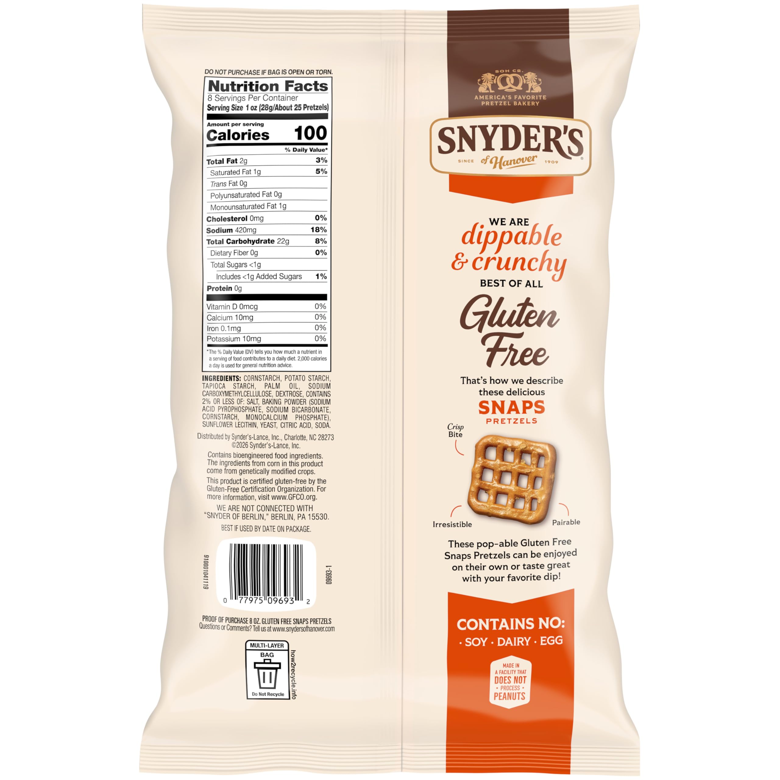 Snyder's Gluten Free Snaps no dairy or eggs; ideal dairy-free option