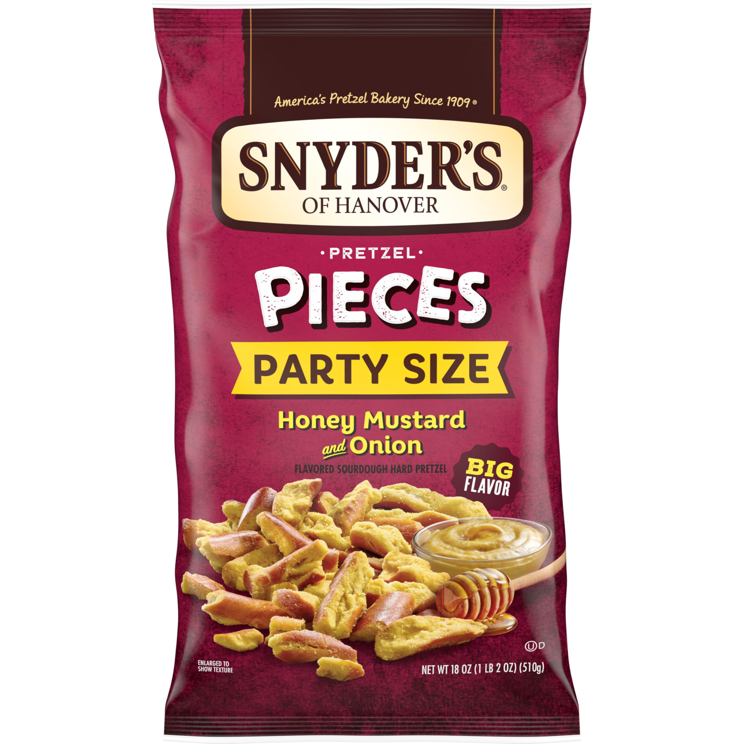 Snyder's of Hanover Honey Mustard & Onion Pretzel Pieces bag front, bold flavor ready for snacking.