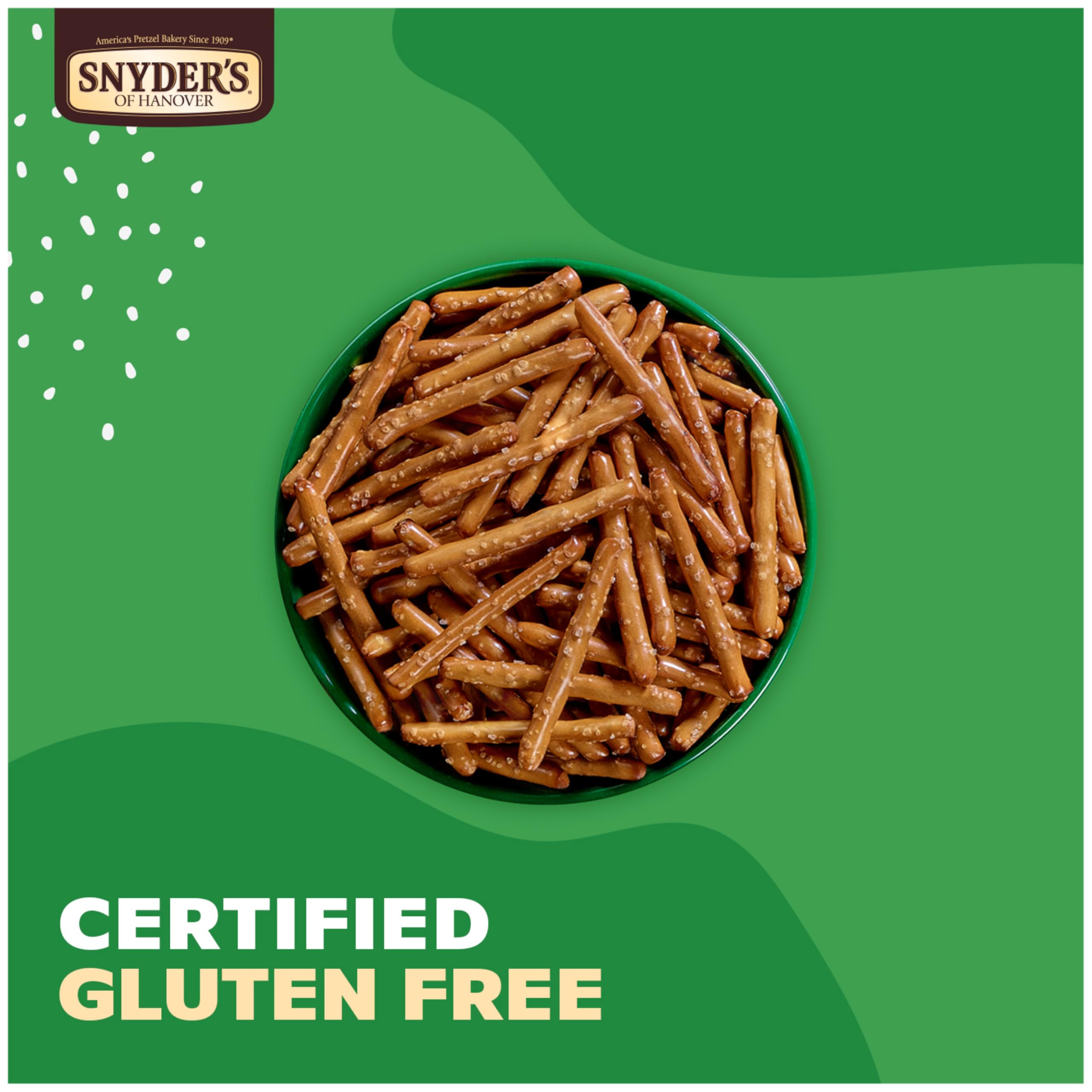 Snyder's gluten-free pretzel sticks showcase 24-pack convenience for pantry stocking.