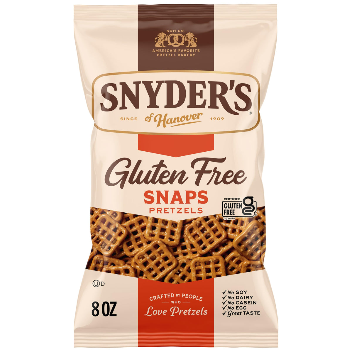 Snyder's of Hanover Gluten Free Snaps bag front ready for on-the-go snacking