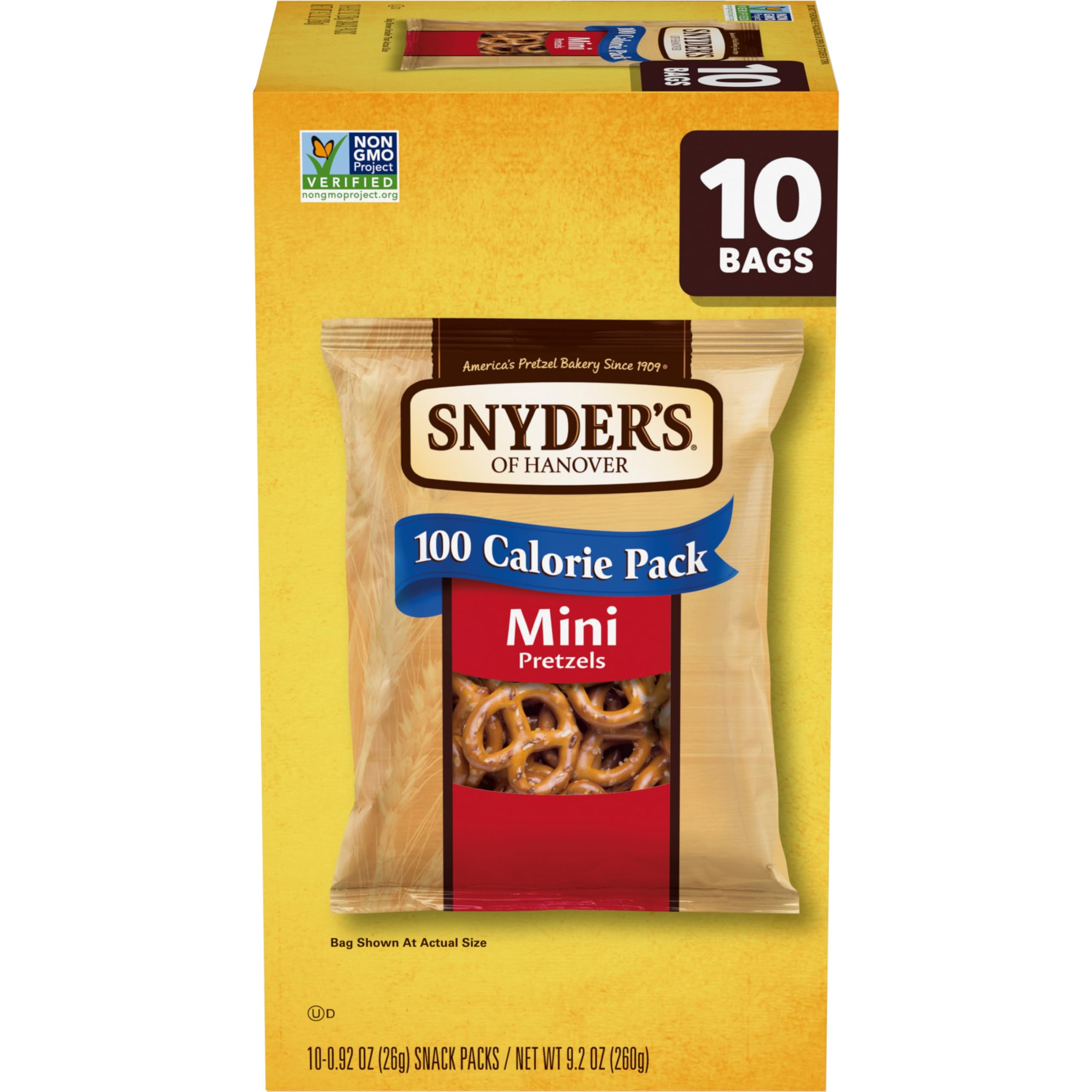Snyder's of Hanover Mini Pretzels box front—crisp 100-calorie snack for lunch boxes.