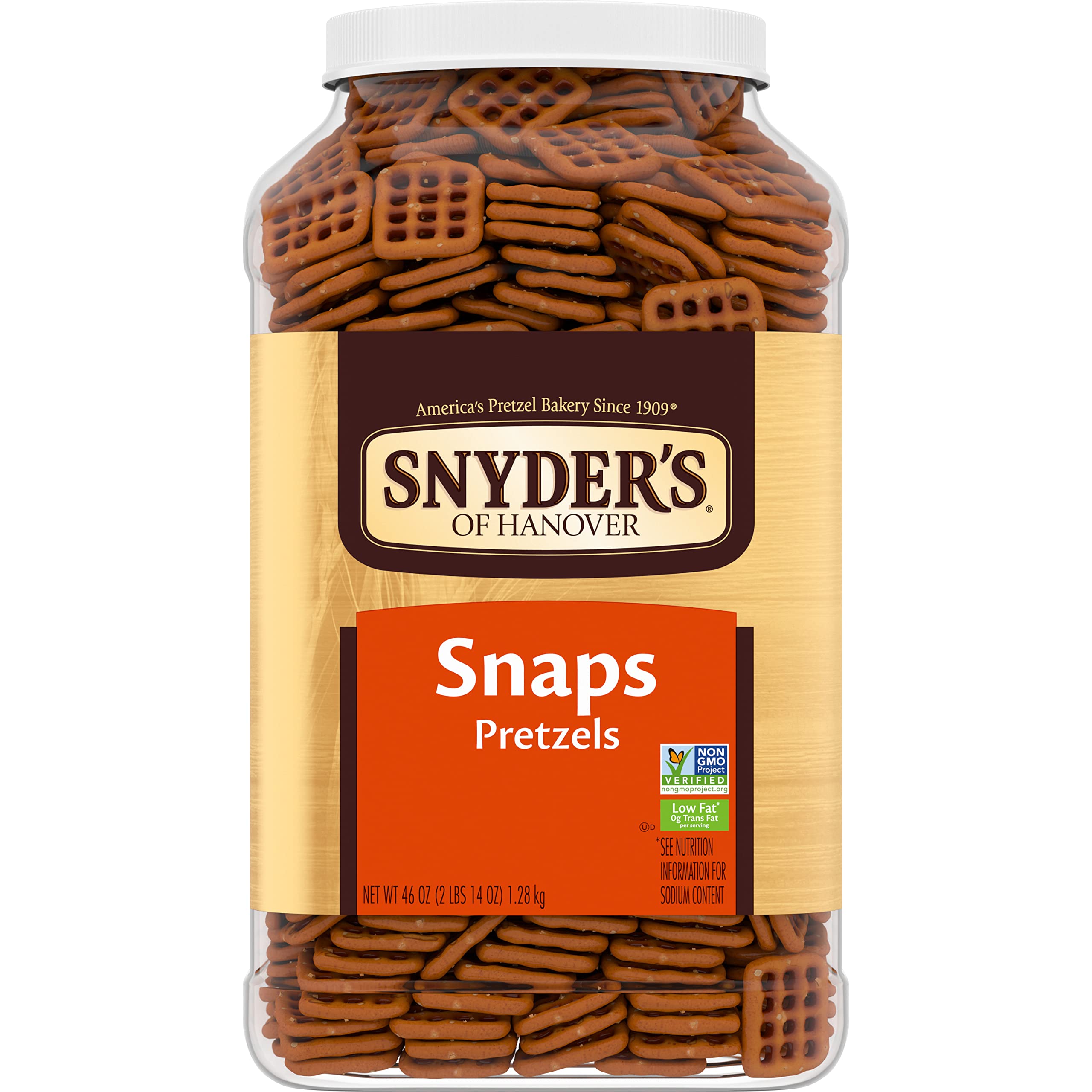 Snyder's of Hanover Pretzel Snaps bulk canister for pantry snacking.