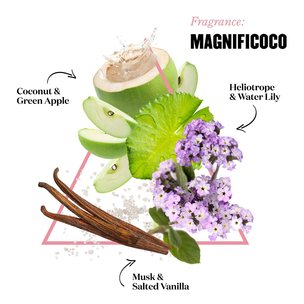 Soap & Glory Magnifi-Coco almond-oil scene illustrating skin-softening benefits