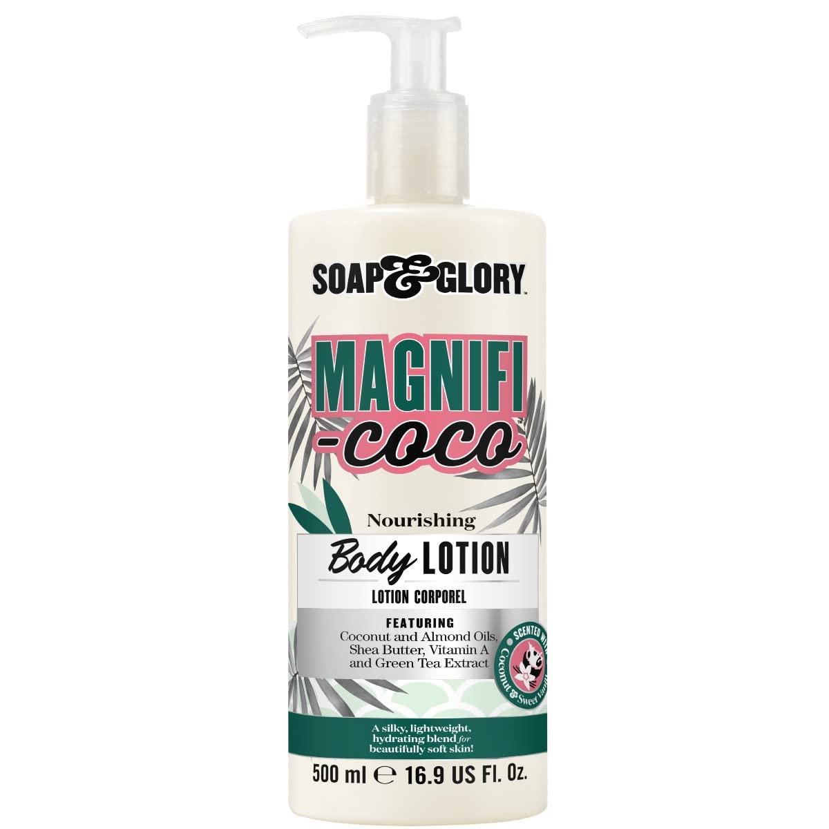 Soap & Glory Magnifi-Coco bottle close-up showing coconut-infused hydration for dry skin