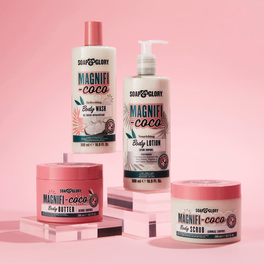 Soap & Glory Magnifi-Coco coconut-fragrance visuals signaling refreshing, lingering scent
