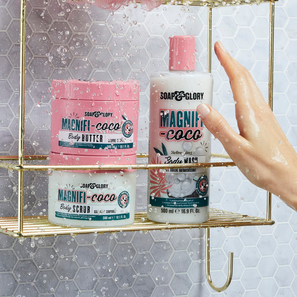 Soap & Glory Magnifi-Coco pump-dispenser image highlighting easy, mess-free application