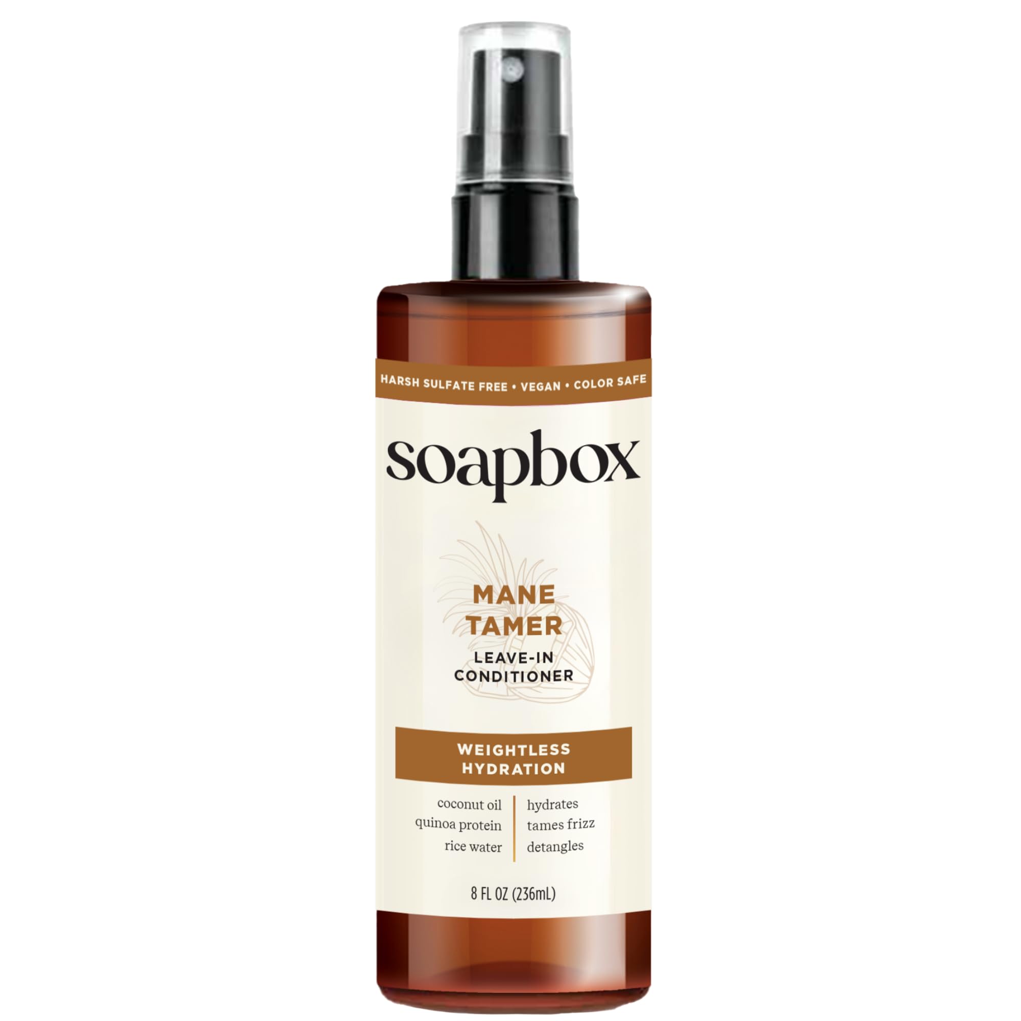 Soapbox Mane Tamer bottle front showing easy frizz control for daily styling.