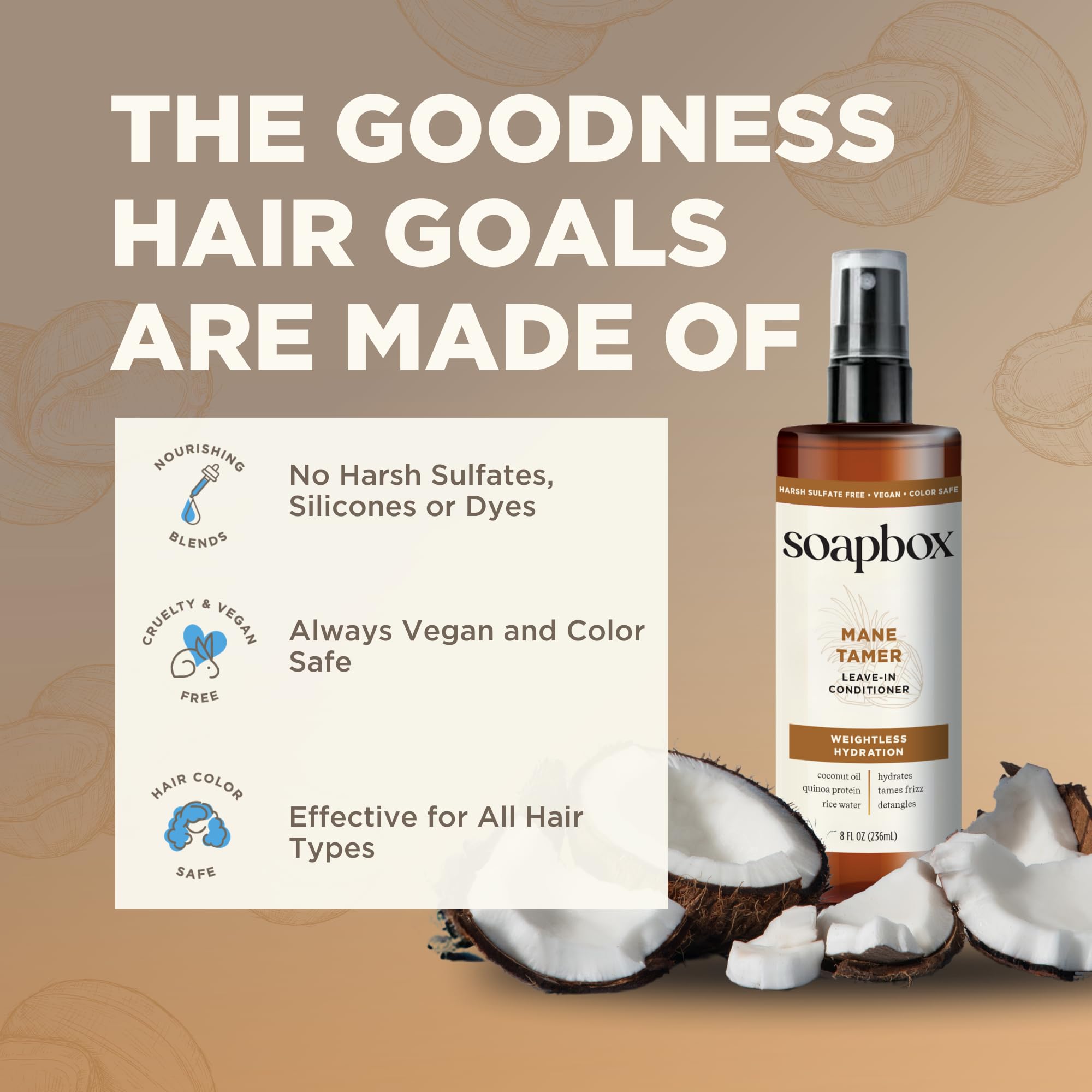 Soapbox Mane Tamer vegan cruelty-free icons signaling ethical beauty.