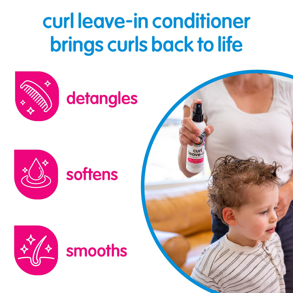 SoCozy Leave In Conditioner Spray on damp hair defines kids' curls with bounce.