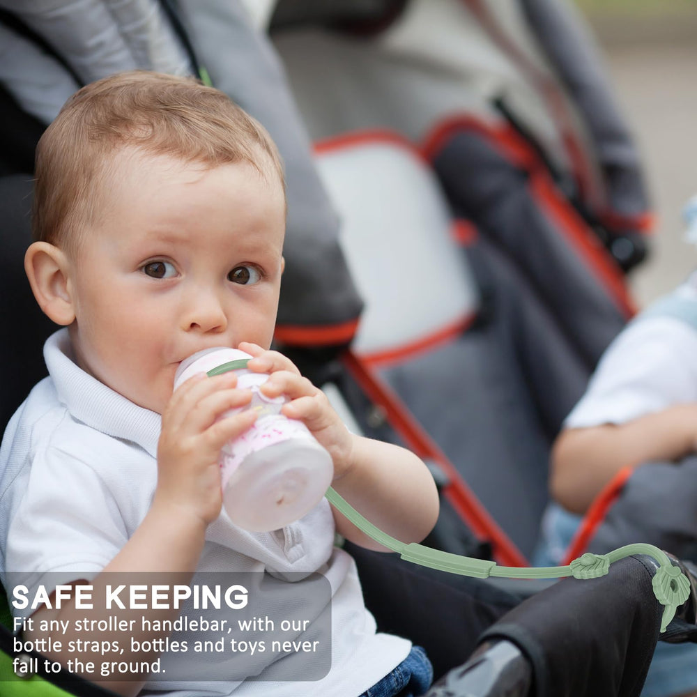 Socub teether bottle harness secures toys and teething items during travel.