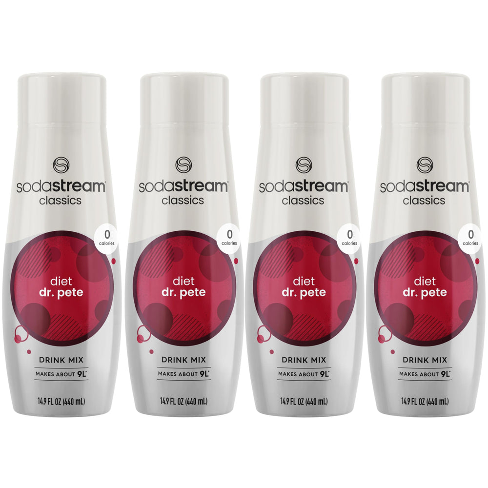 SodaStream Diet Dr Pete bottle on shelf showing zero-calorie flavor for home fizz