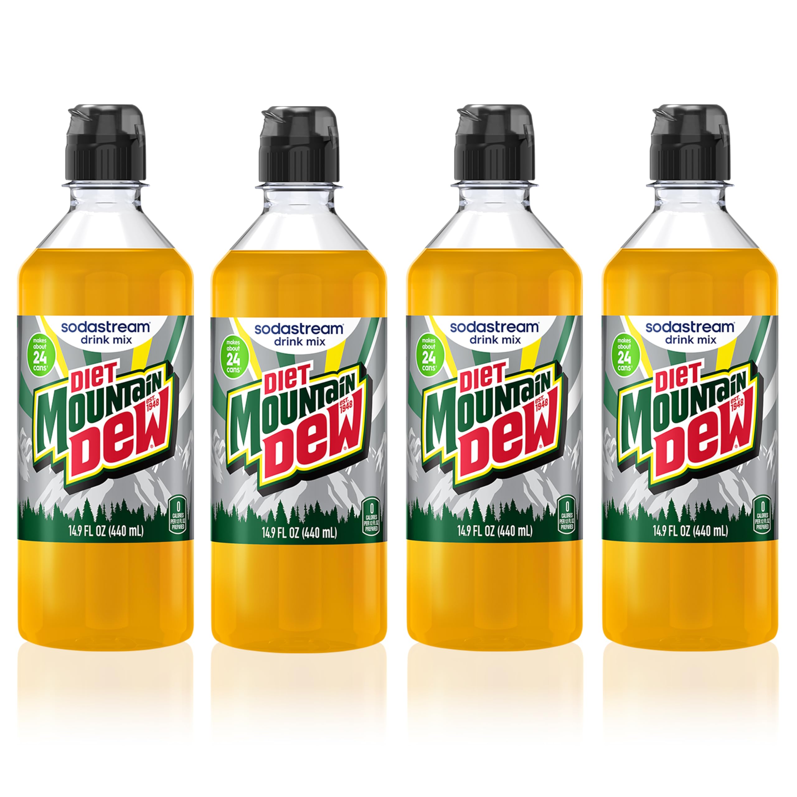Sodastream Diet Mountain Dew bottle being poured into sparkling water for a crisp zero-calorie soda.