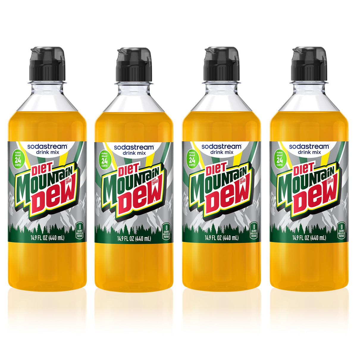 Sodastream Diet Mountain Dew bottle being poured into sparkling water for a crisp zero-calorie soda.