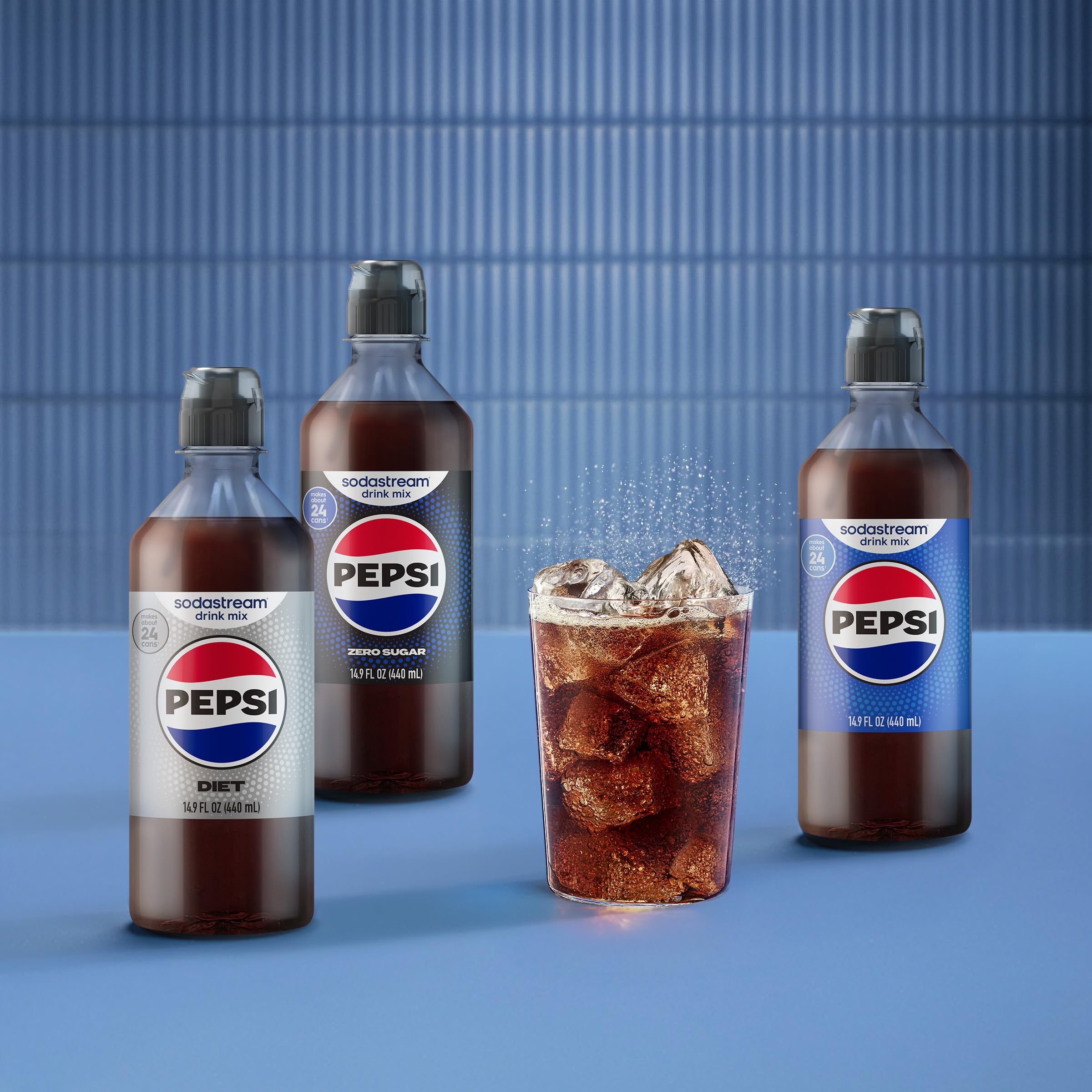 SodaStream Diet Pepsi glass with fizz, crisp refreshment.