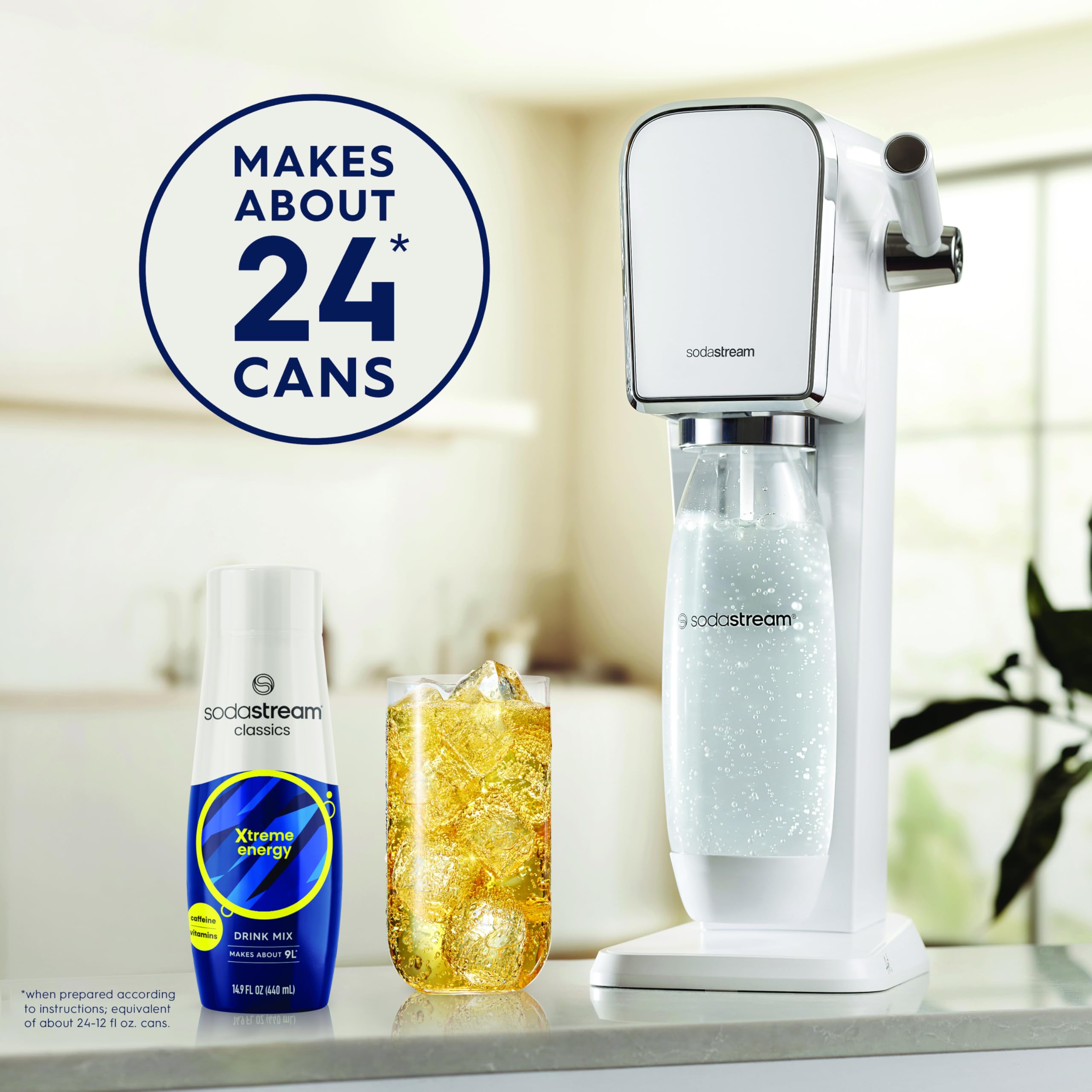 SodaStream Energy label detail emphasizes less sugar and easy customization at home.