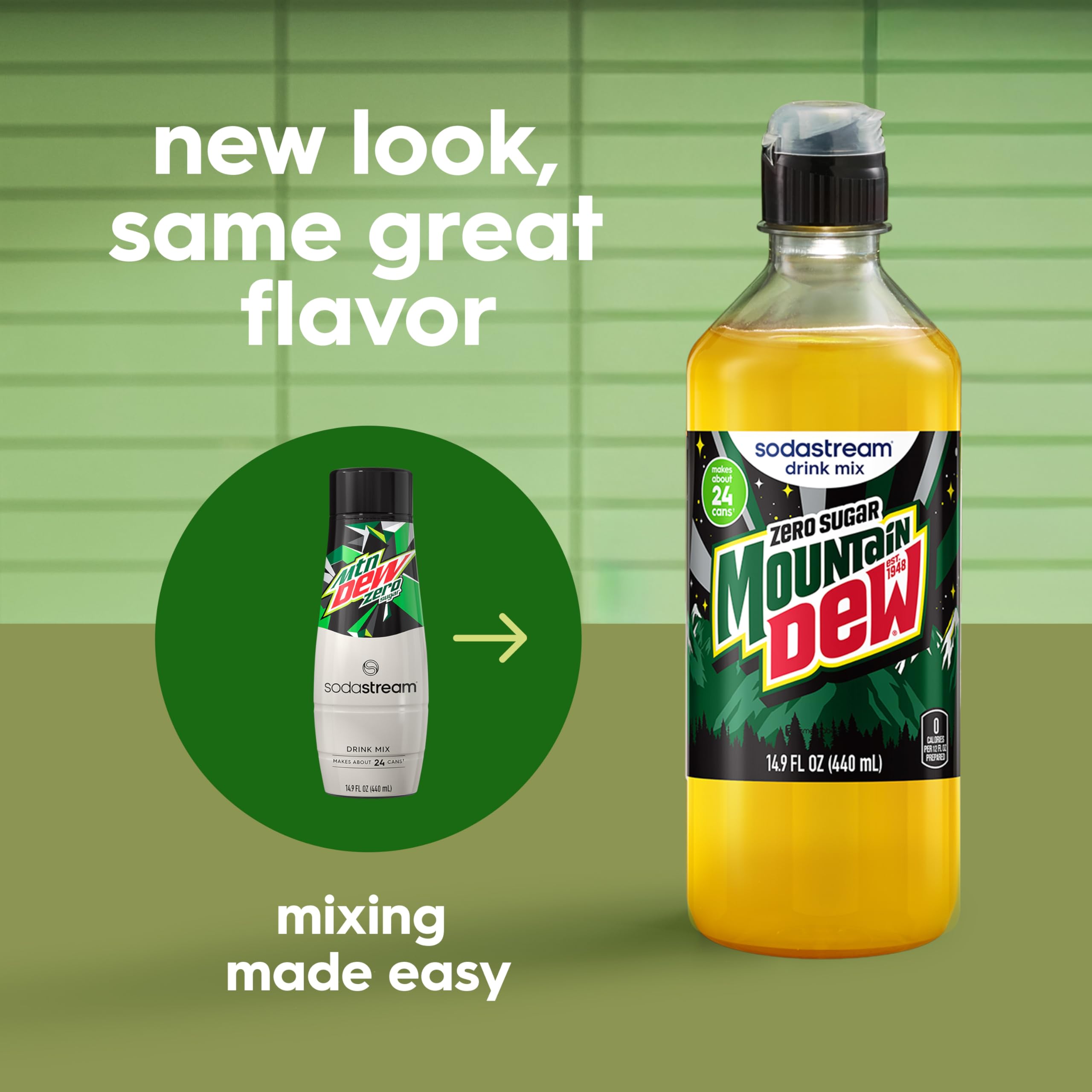 SodaStream Mountain Dew Zero bottle pouring into carbonated water for refreshment