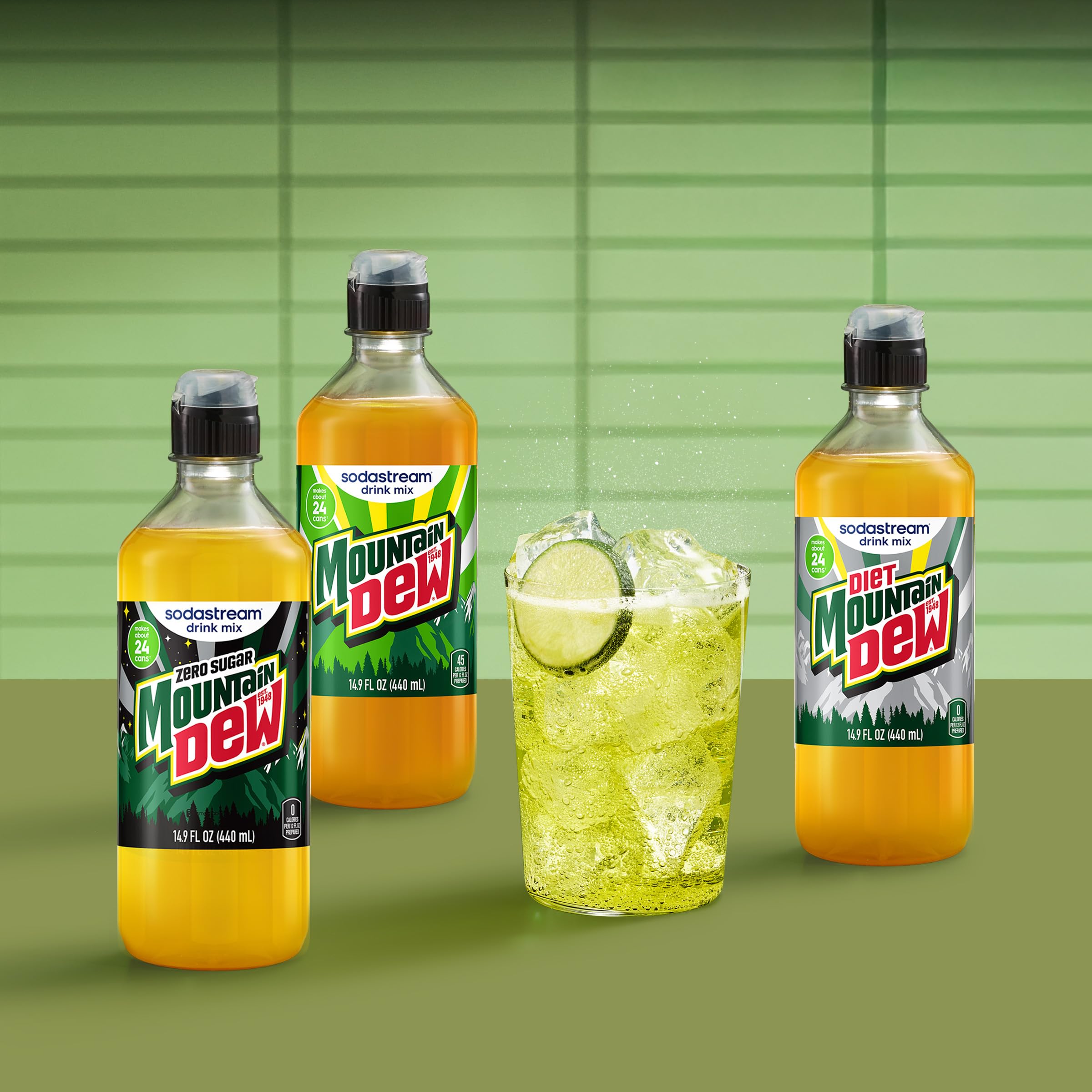 SodaStream Mountain Dew Zero glass with bubbles and ice