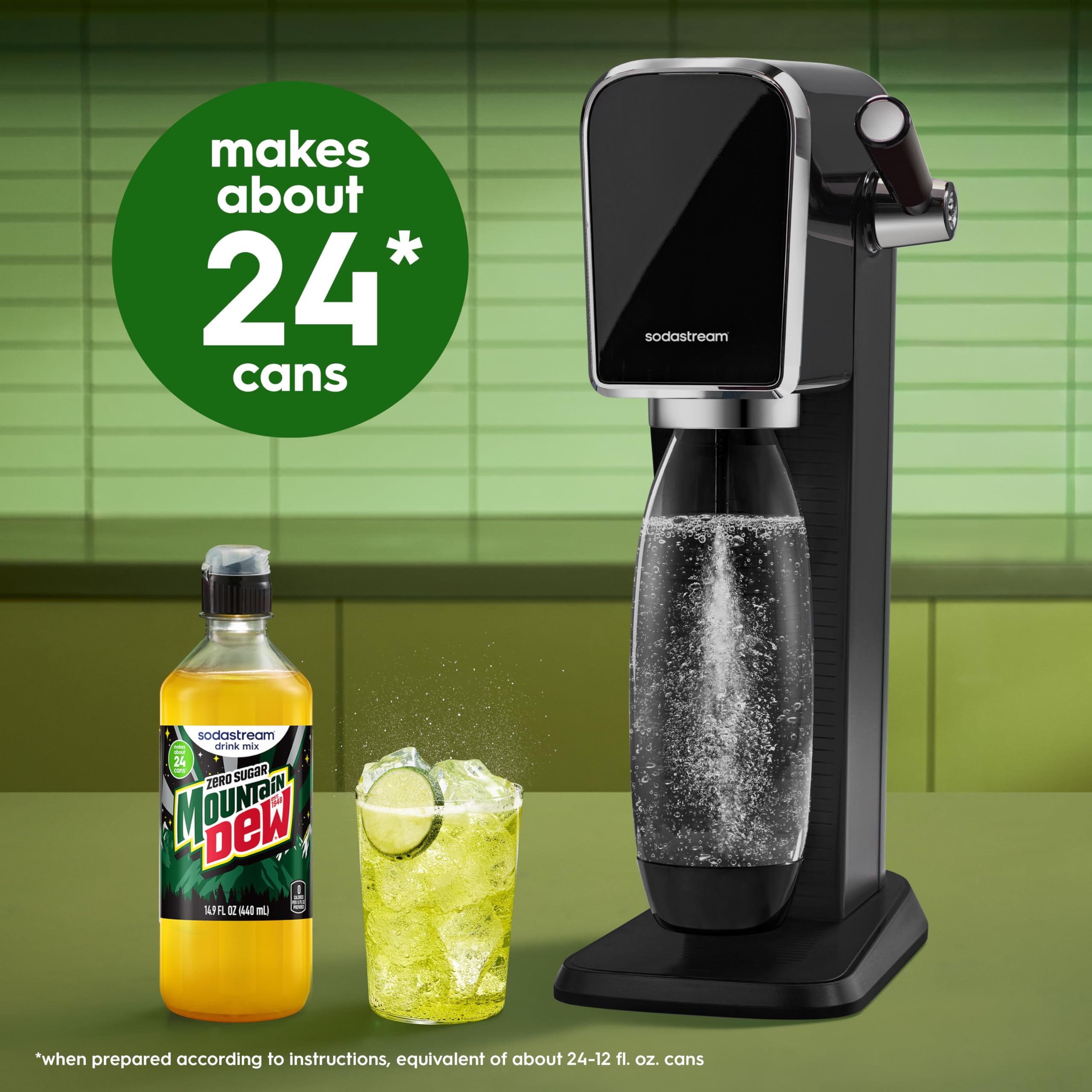 SodaStream Mountain Dew Zero serving idea in a glass with fizz