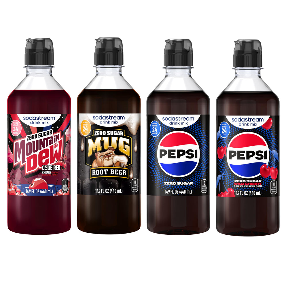 SodaStream MTN Dew Code Red Zero bottle on kitchen counter, zero-calorie refreshment option.