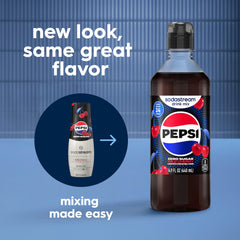 SodaStream Pepsi Zero bottle display, crisp cola flavor without calories.