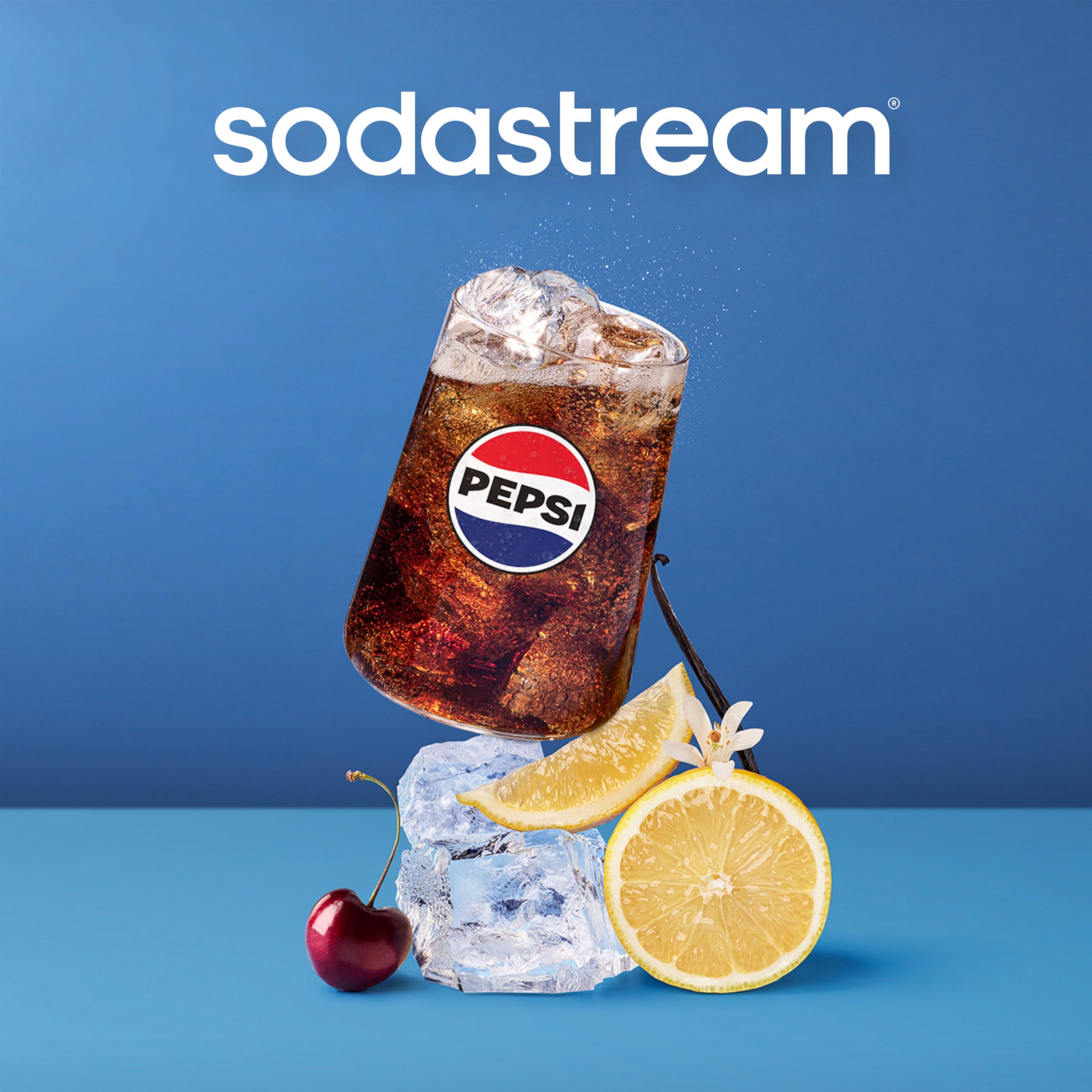 SodaStream Pepsi Zero Sugar bottle beside glass of fizzy drink ready to sip