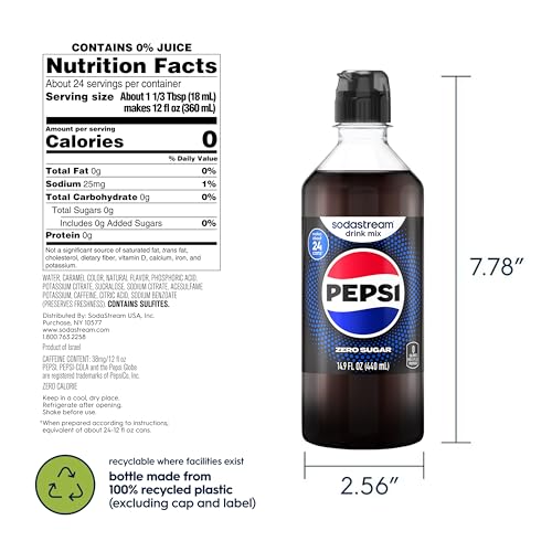 SodaStream Pepsi Zero Sugar new pour bottle side view showing sleek design for home use