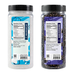 Soeos black peppercorns bottle showing coarse grind potential for robust flavor.
