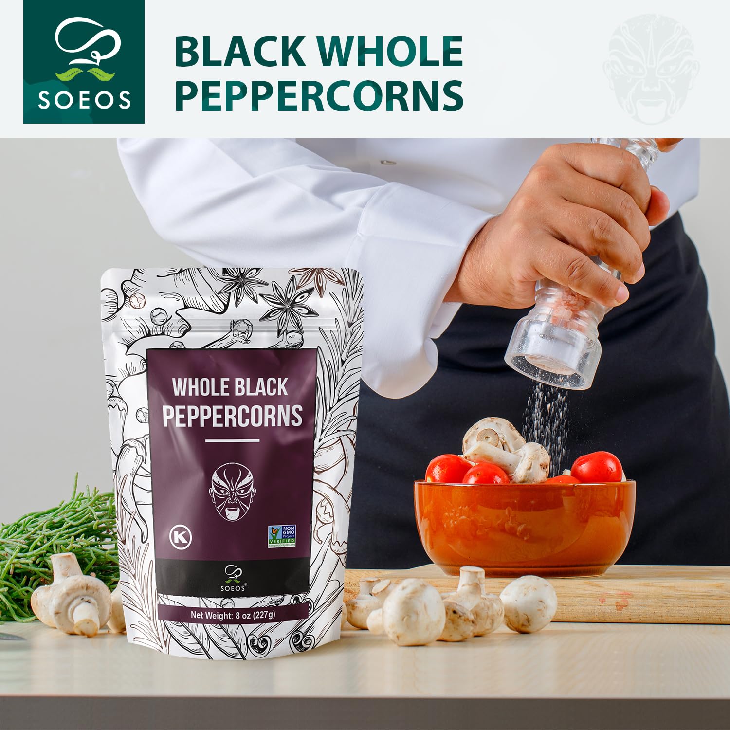 Soeos Black Peppercorns grinder refill ready, convenient for quick kitchen refills.