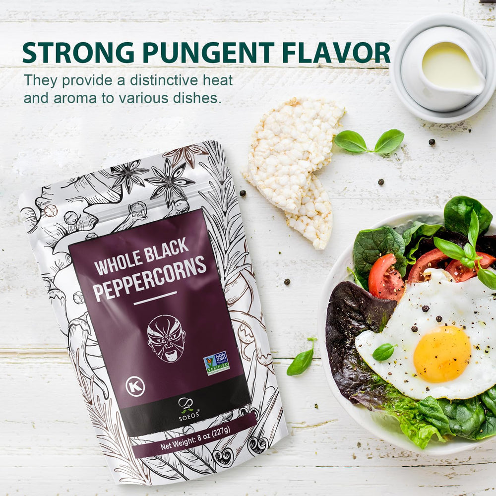 Soeos Black Peppercorns resealable pouch locks in aroma between uses.