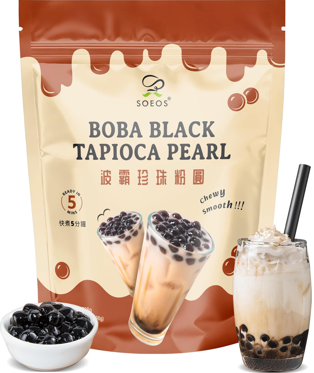 Soeos Boba Pearls packaging highlights premium tapioca for authentic bubble tea.