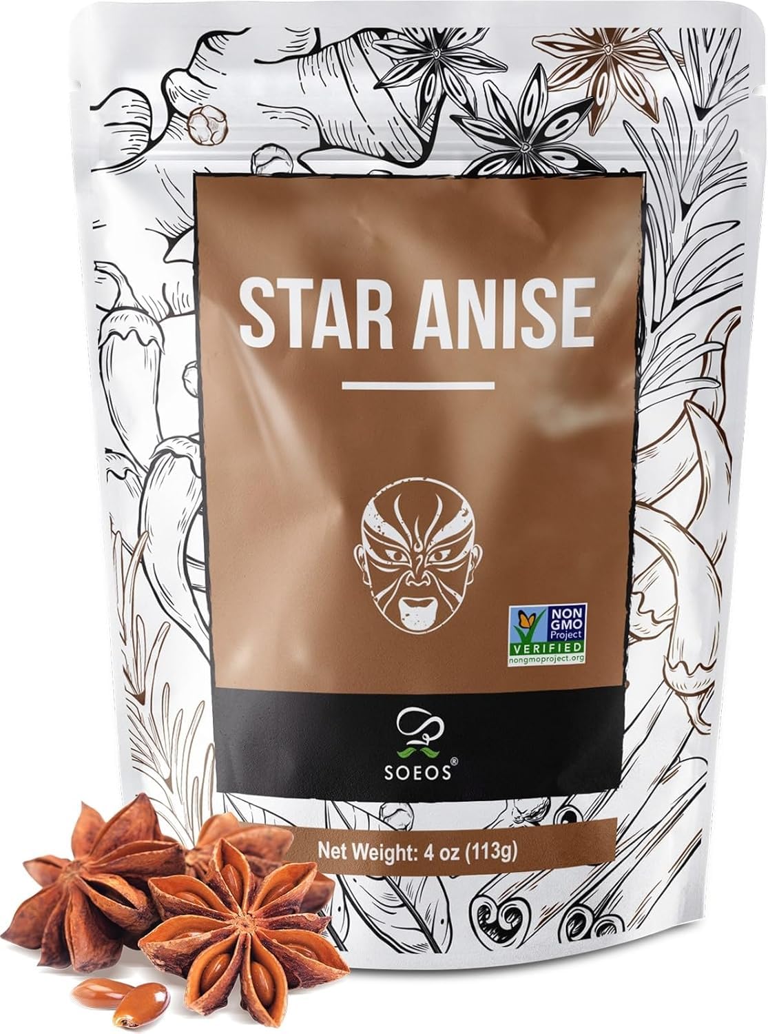 Soeos Chinese star anise pods, whole and ready to flavor soups and braises.