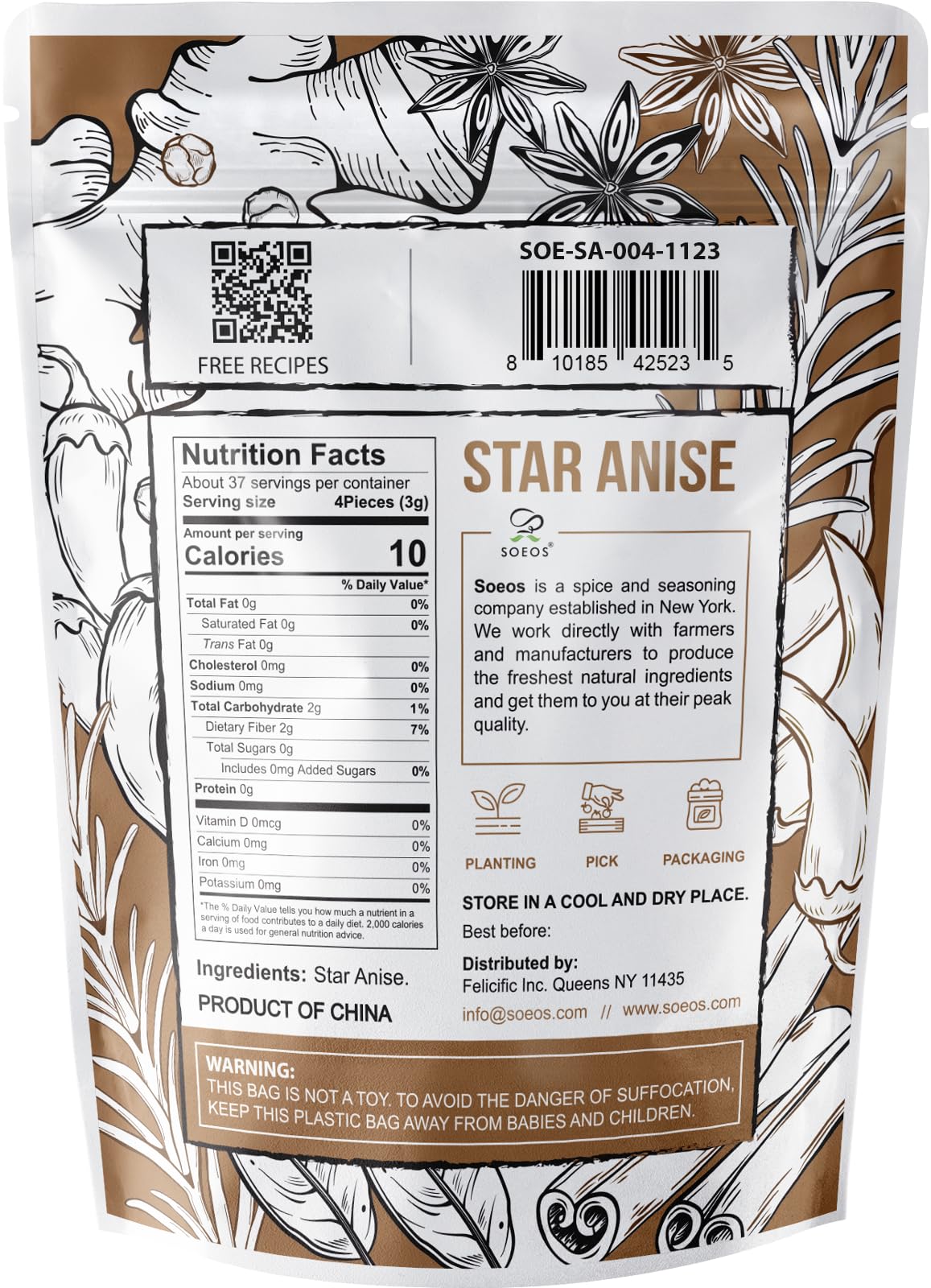 Soeos Chinese star anise bottle for convenient, non-GMO seasoning in cooking.