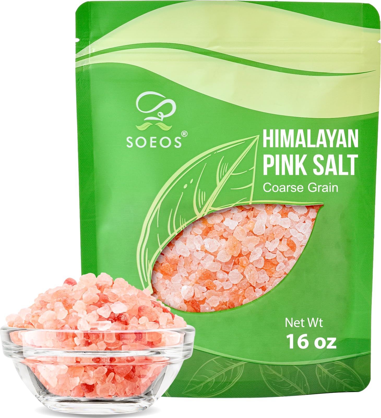 Soeos Coarse Pink Salt bottle front view, ideal for grinding and finishing.