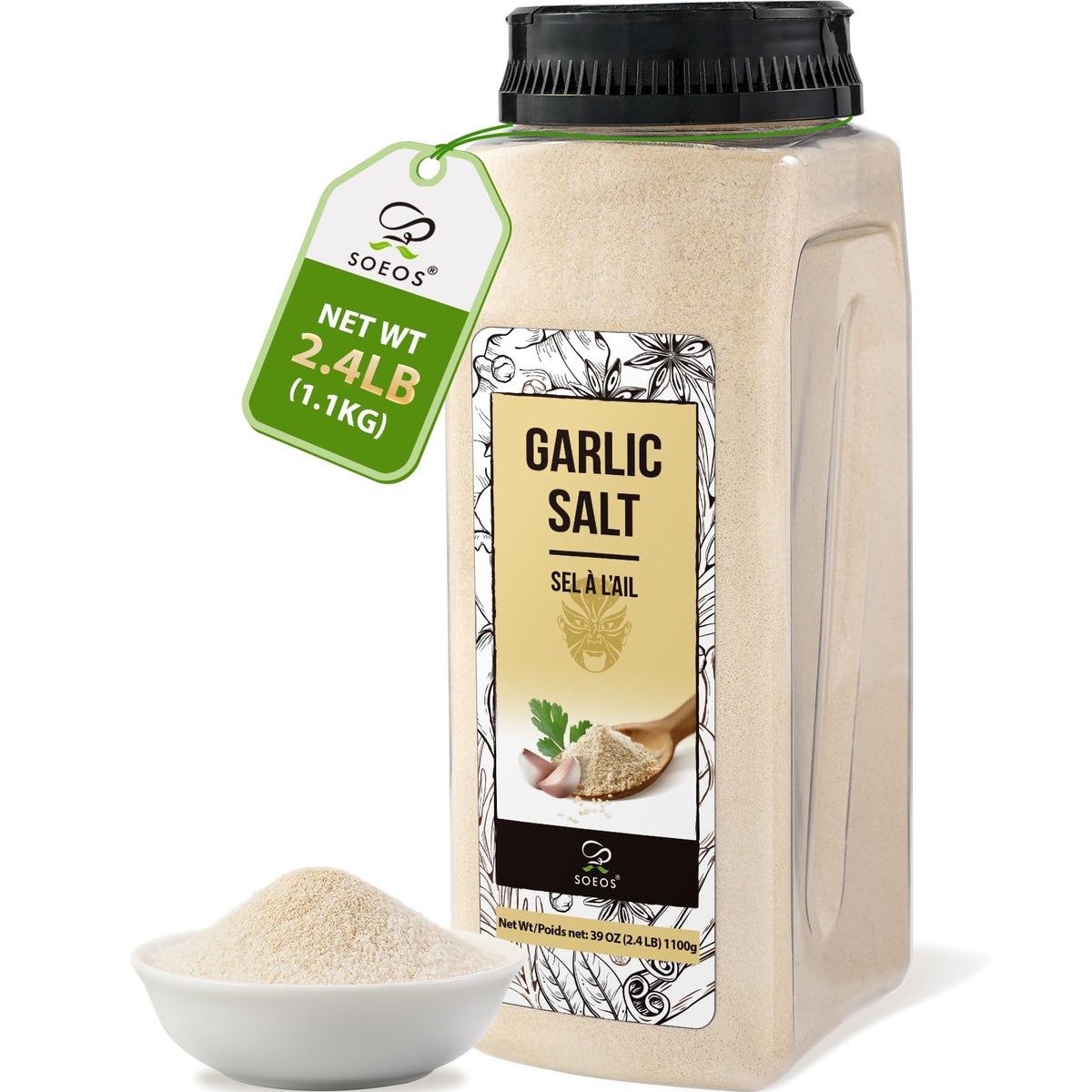 Soeos Garlic Salt jar front shows rich aroma ideal for roasts and vegetables