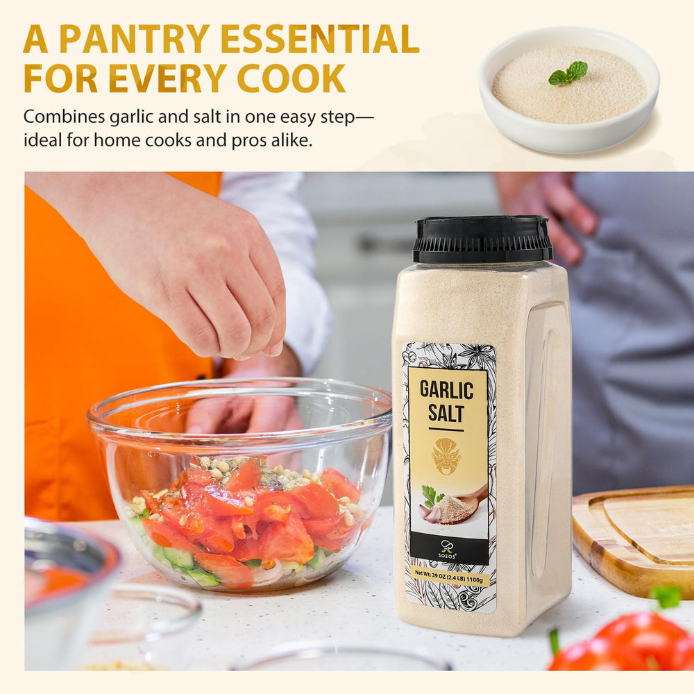 Soeos Garlic Salt adds robust flavor to bread, soups, and meats