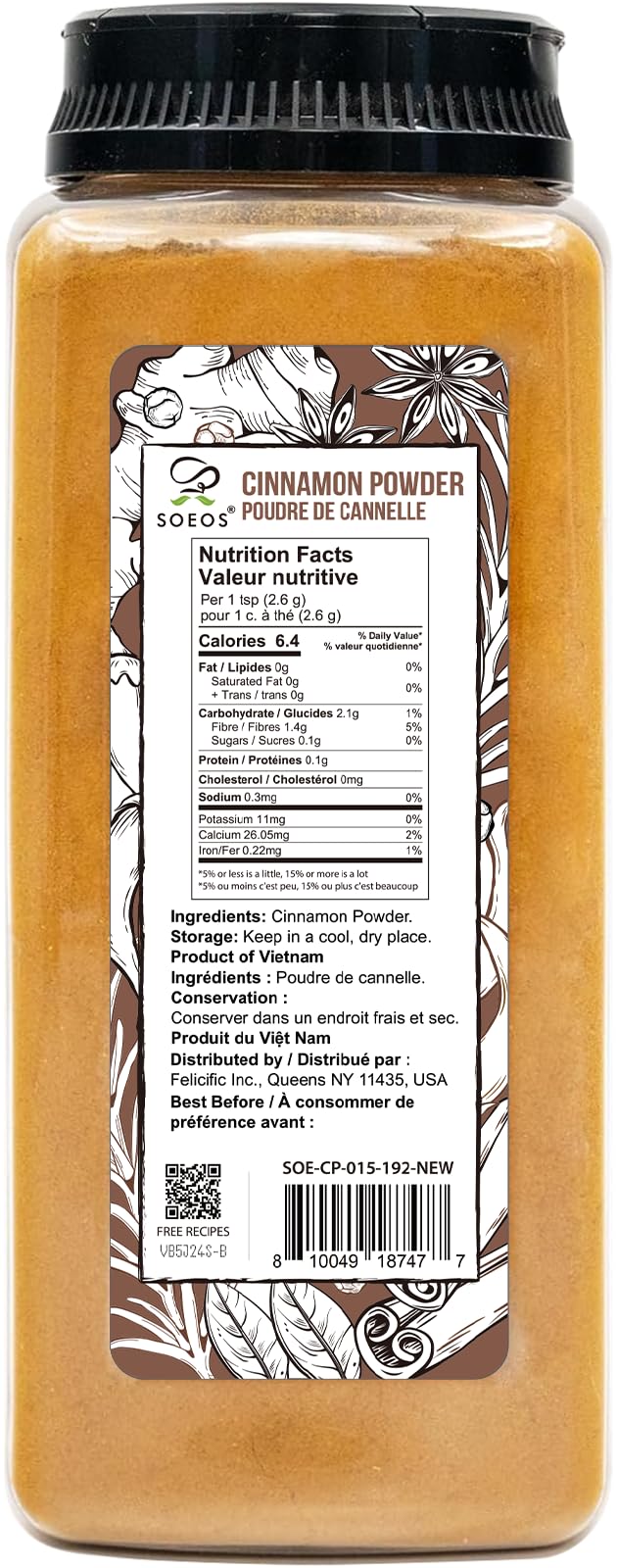 Soeos ground cinnamon spice offers warm flavor to coffee and desserts.