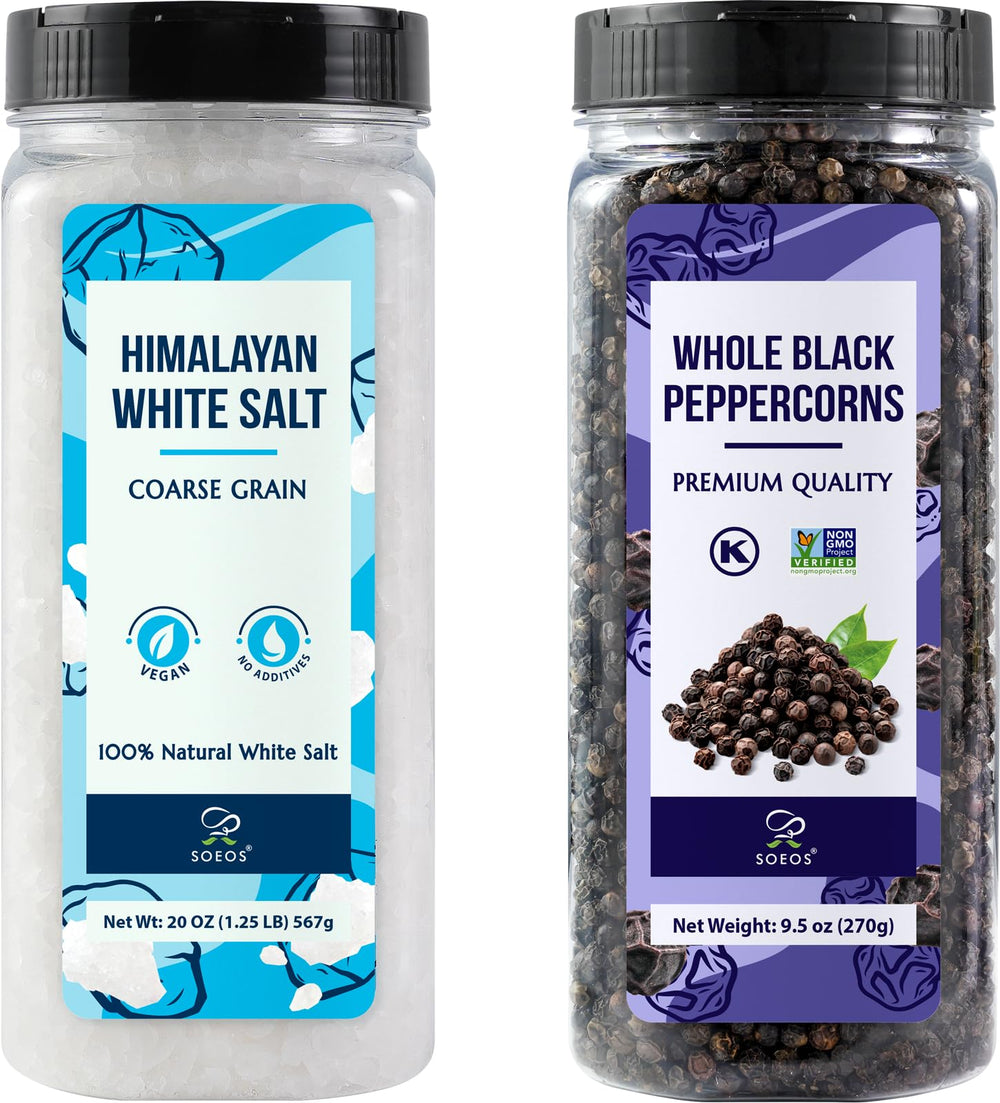 Soeos Himalayan salt bottle close-up for precise seasoning and fresh taste.