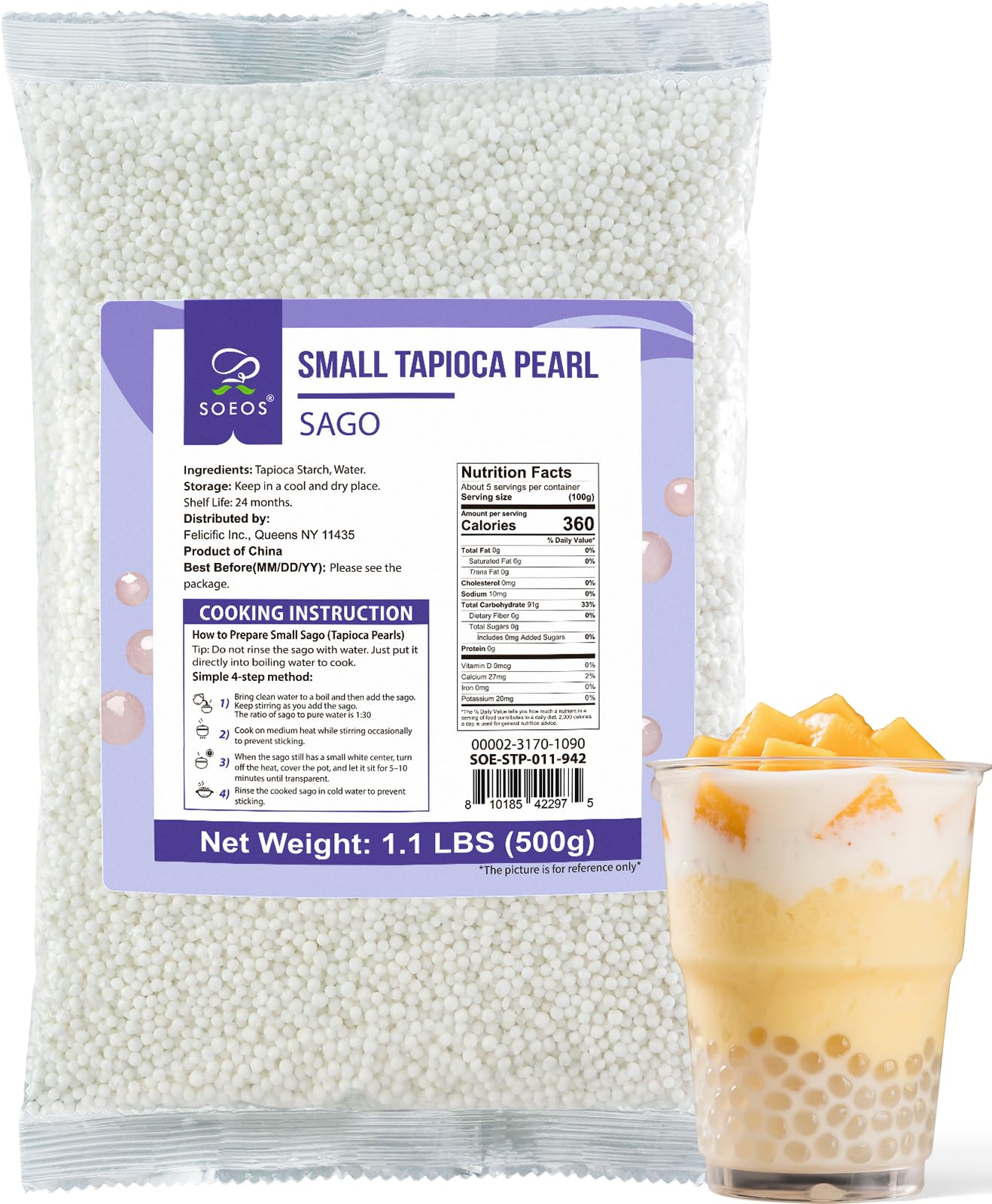Soeos Sago Tapioca Pearls for bubble tea with chewy texture that absorbs syrup.