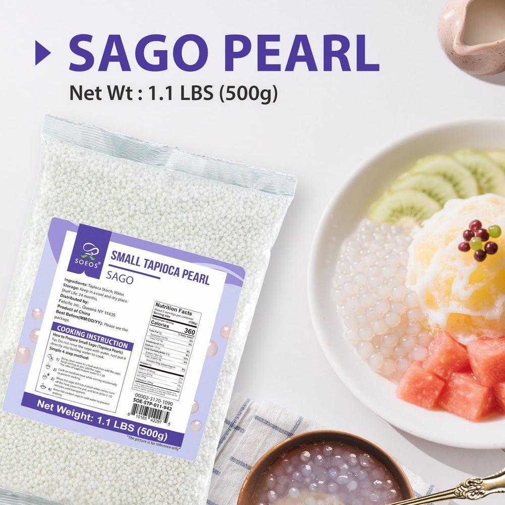 Soeos Sago Tapioca Pearls gluten-free and non-GMO, versatile for many dishes.