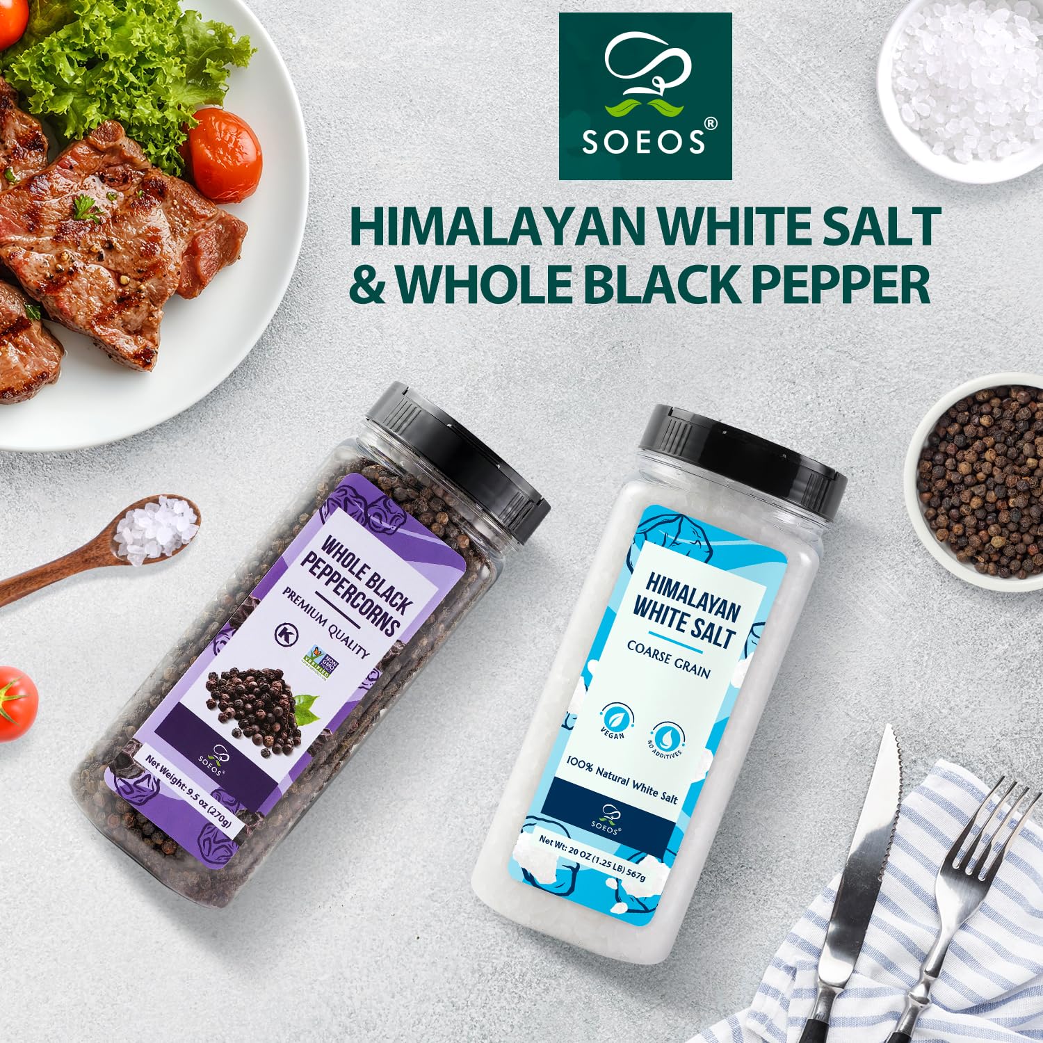 Soeos salt and pepper refill pack ready for easy kitchen refills.