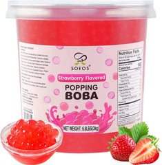 Soeos strawberry popping boba pearls close-up with juicy center for bubble tea