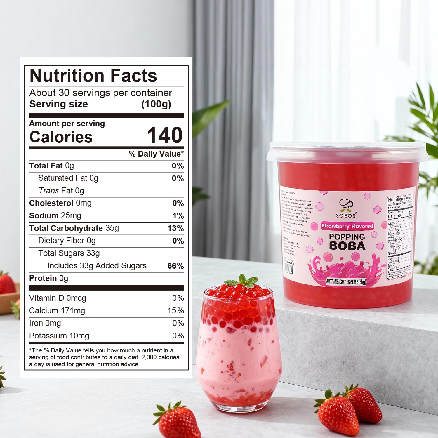 Soeos strawberry popping boba pearls in bubble tea setup with bright color